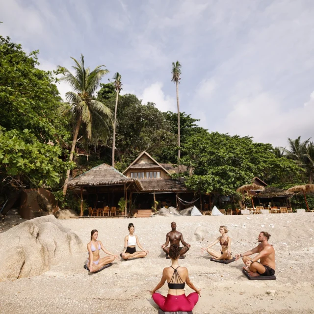yoga circle at beach view to restaurant